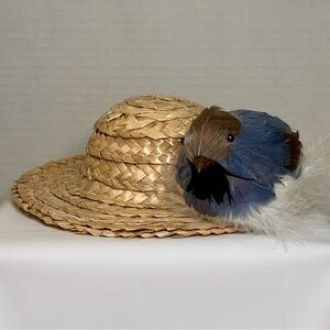 Bear Doll Straw Hat Accessory Blue and White Bird Decoration DIY Crafting Wreath